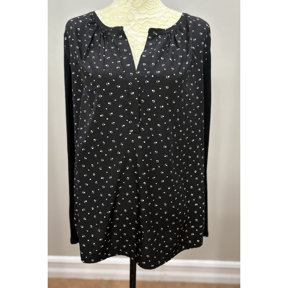 RALPH‎ LAUREN 2X Black White Top Split V Neck Long Sleeve Popover - Picture 1 of 10